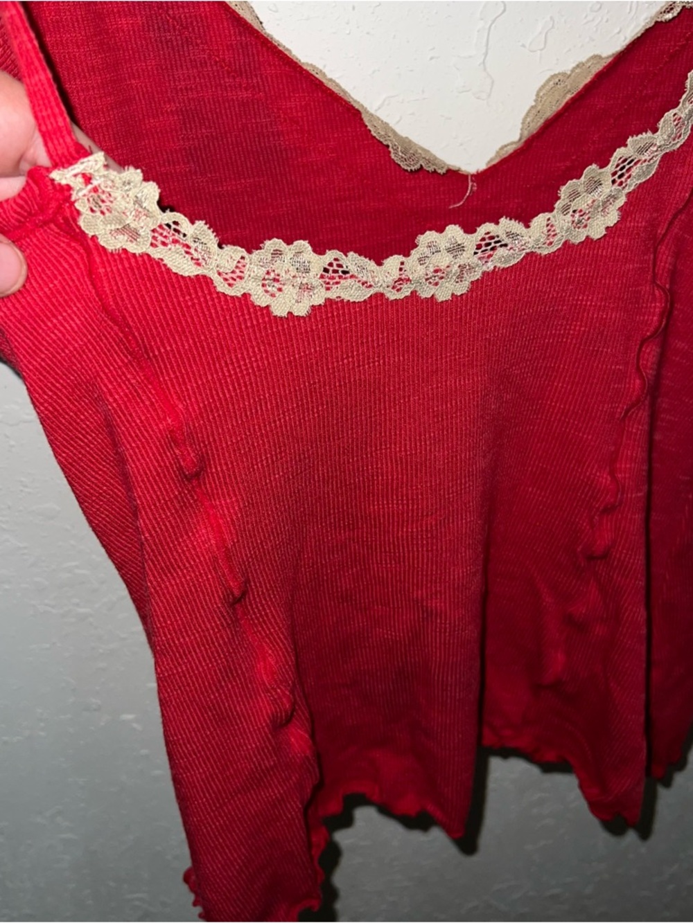 Free People Red Ribbed Lace Trim Oh My Darling Tank Top Size Medium. - Picture 8 of 8
